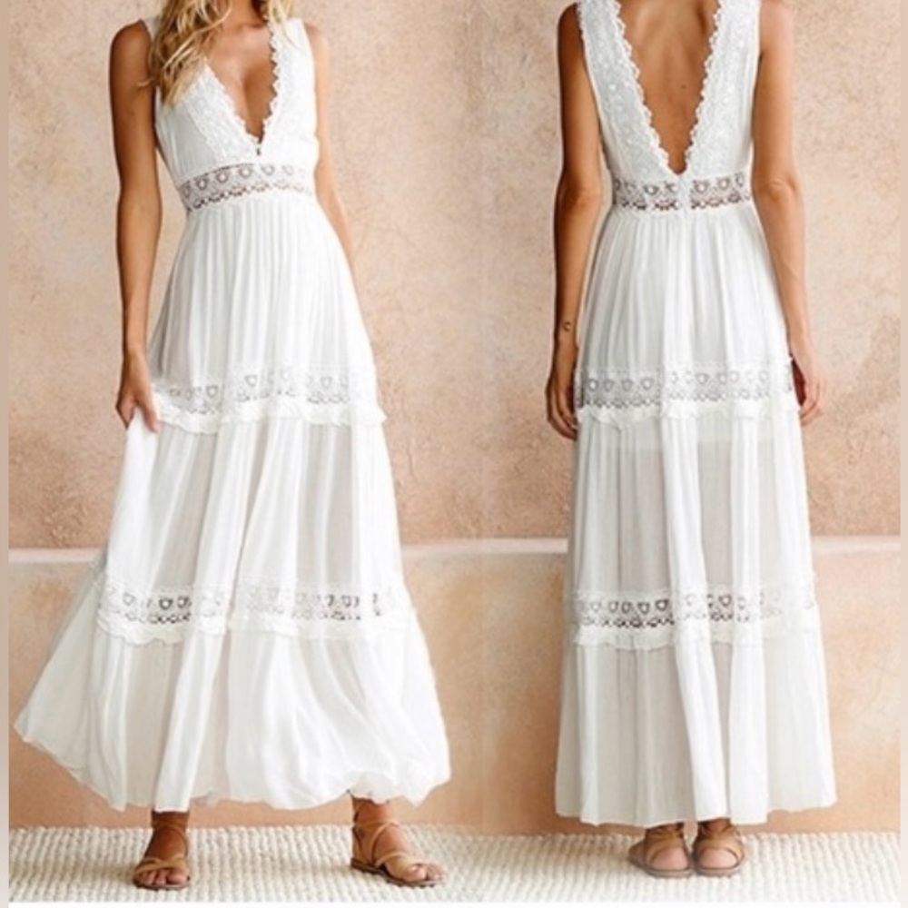 Mable White Plunging V Neck Sleeveless Lace Inserts Maxi Dress